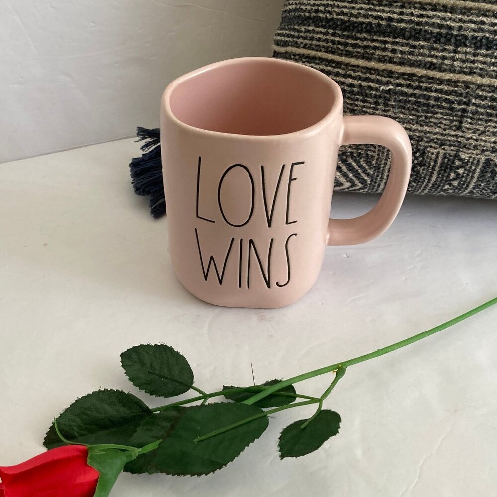 Rae Dunn Pink "Love Wins" Ceramic Coffee Mug 16 oz